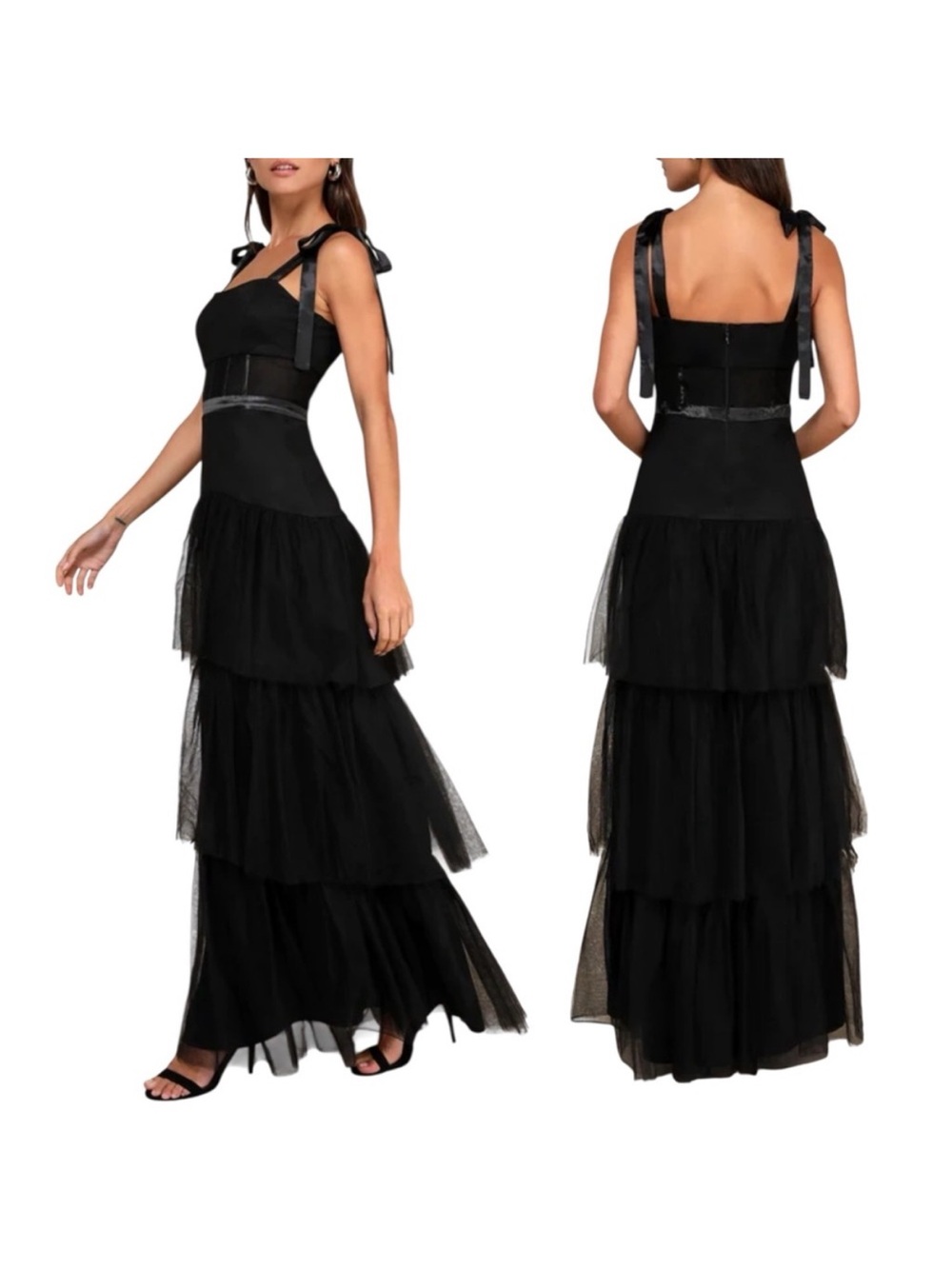 Lulu's Black Tiered Tulle Maxi Dress with Tie Shoulder Straps